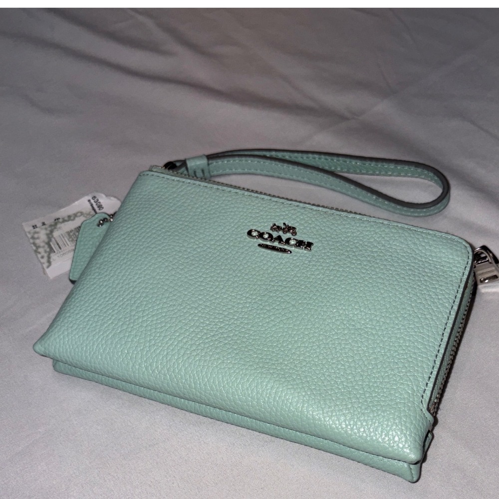 Coach Double Zip Wristlet Mint Green Pebble Leather Clutch Wallet 63090